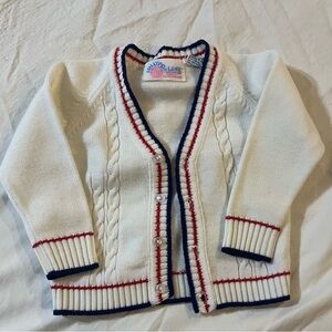 Vintage White Kids Cardigan with Red and Blue Trim